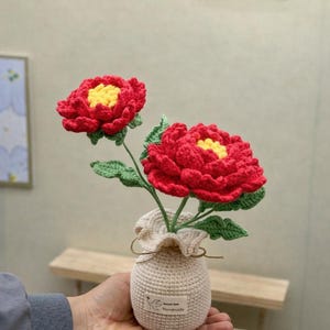 May include: A handmade crochet flower arrangement featuring two red peony blooms with yellow centers and green leaves. The flowers are in a small, beige crochet vase. The vase has a tag that says "Handmade".