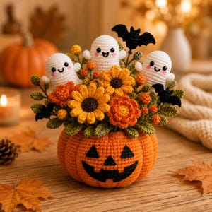 May include: A crocheted orange jack-o'-lantern pot filled with three white ghosts, two yellow sunflowers, orange flowers, green leaves, and two black bats. The ghosts have small black eyes and pink cheeks. The jack-o'-lantern has a black face.