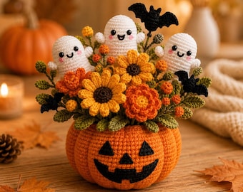 Arreglo floral de Halloween tejido a crochet, centro de mesa con fantasma, gato negro, calabaza, bruja y caldero, decoración otoñal hecha a mano.