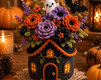 Arreglo floral de Halloween tejido a crochet, centro de mesa con fantasma, gato negro, calabaza, bruja y caldero, decoración otoñal hecha a mano, regalo de Halloween