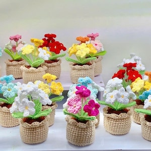 May include: A collection of handmade crochet flower arrangements in small woven pots. The flowers are in various colors, including red, white, yellow, pink, and blue, with green leaves. The pots are beige.
