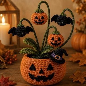 Maceta de Halloween con forma de fantasma y calabaza tejida a crochet, decoración de calabaza espeluznante, maceta con forma de fantasma, centro de mesa de calabaza de Halloween, flores con forma de ojo de murciélago fantasma espeluznante