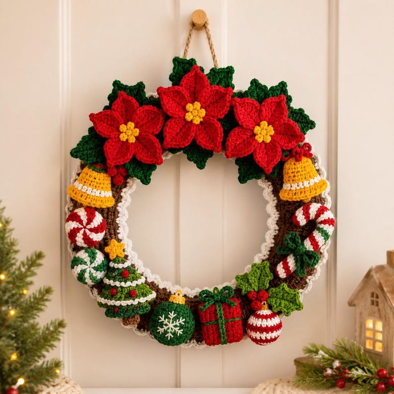 Puede incluir: Una corona navide&ntilde;a redonda tejida a ganchillo con tres flores de pascua rojas grandes con centros amarillos, dos campanas amarillas, un bast&oacute;n de caramelo, un peque&ntilde;o &aacute;rbol de Navidad, un adorno verde con un copo de nieve blanco, un regalo rojo y una bola a rayas.