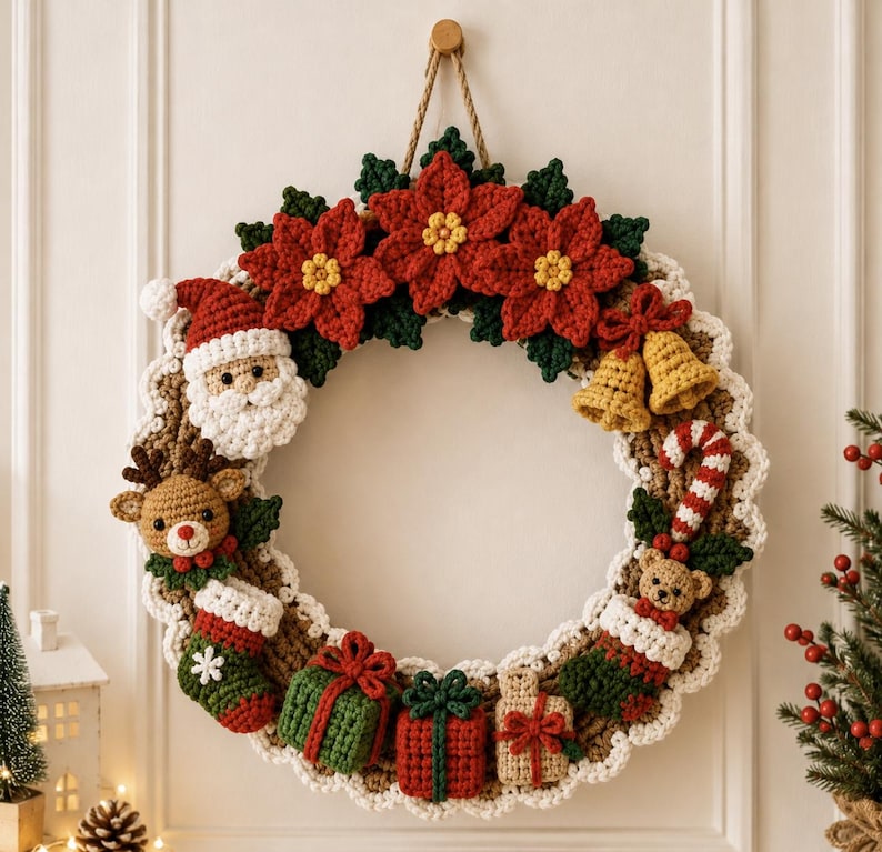 Puede incluir: Una corona navide&ntilde;a de ganchillo con flores de pascua rojas, hojas verdes, una cara de Pap&aacute; Noel, un reno, dos campanas doradas, un bast&oacute;n de caramelo, un osito de peluche, tres regalos y dos calcetines con bordes festoneados blancos.