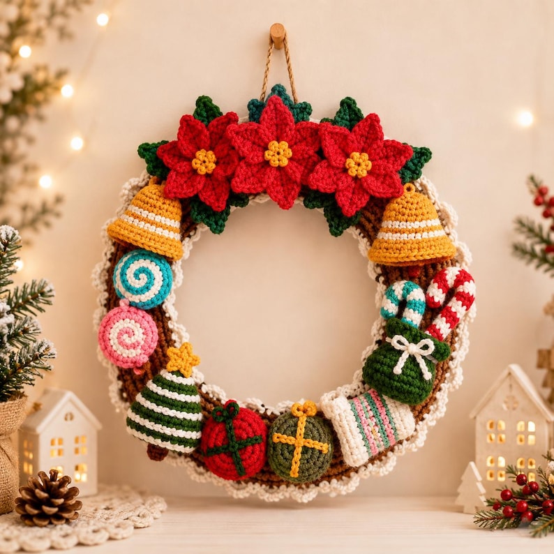 Puede incluir: Una corona circular de ganchillo con tres flores de pascua rojas con centros amarillos en la parte superior. La corona est&aacute; decorada con adornos de ganchillo que incluyen campanas amarillas, espirales azules y rosas, un &aacute;rbol verde, regalos y un calcet&iacute;n.