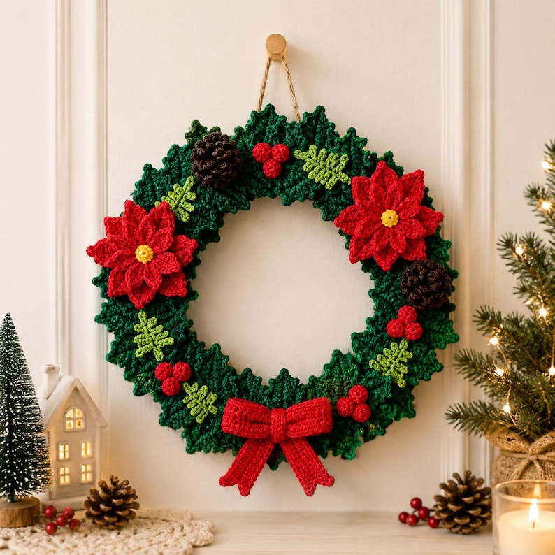 Puede incluir: Una corona de Navidad tejida a ganchillo con hojas de color verde oscuro, dos flores de pascua rojas con centros amarillos, pi&ntilde;as marrones, racimos de bayas rojas, ramitas verde claro y un lazo rojo prominente en la parte inferior, colgada de un cordel.