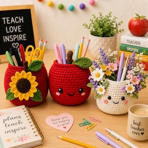 Puede incluir: Tres organizadores de escritorio de ganchillo redondos. Un soporte rojo con forma de manzana con un girasol amarillo, un soporte rojo con forma de manzana con una cara sonriente y un soporte color crema con cara sonriente y flores de ganchillo.