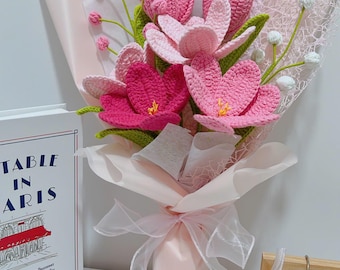 Personalized Crochet Tulip Flowers and Bouquets, Handcrafted Gifts for Teacher, Mom, Grandma, Girlfriend , Ideal for Home Decor
