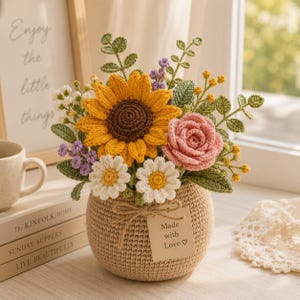 Crochet Flower Pot, Handmade Floral Arrangement, Forever Flowers, Sunflower Tulip Lavender Bouquet, Gift for Her, Home Decor