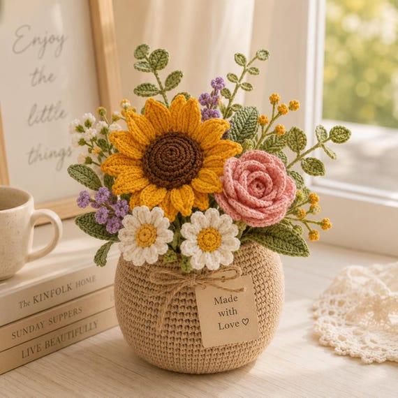 Crochet Flower Pot, Handmade Floral Arrangement, Forever Flowers, Sunflower Tulip Lavender Bouquet, Gift for Her, Home Decor