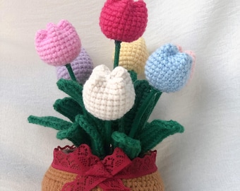 Crochet Tulip, Crochet Flower in Pot, Housewarming Gift, Desk Decoration, Room Decoration, Handmade Flower, Gift for Her,  Tulip in Pot