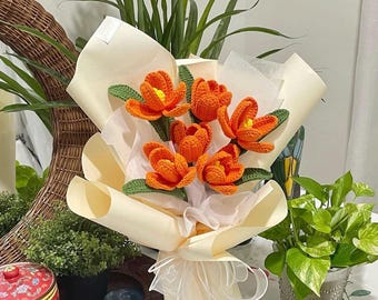 Personalized Crochet Tulip Flowers and Bouquets, Handcrafted Gifts for Teacher, Mom, Grandma, Girlfriend , Ideal for Home Decor