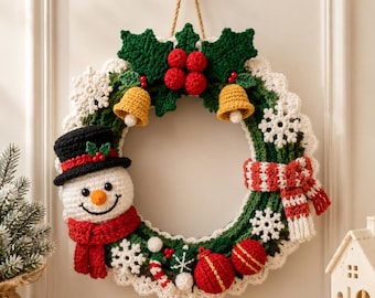 Corona navideña de ganchillo, decoración navideña hecha a mano para la puerta, adorno navideño festivo para la pared, letrero de bienvenida navideño para la puerta, colgador de puerta navideño