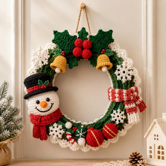 Crochet Christmas Wreath, Handmade Holiday Door Decor, Festive Christmas Wall Hanging,  Christmas Welcome Door Sign, Christmas Door Hanger