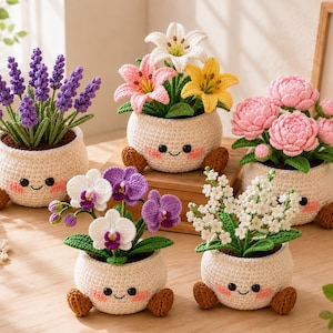 May include: Five crocheted potted plants featuring smiling cream-coloured pots with brown feet. The plants include purple lavender, a mix of white, pink, and yellow lilies, pink peonies, purple and white orchids, and small white flowers with green leaves.