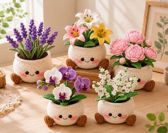 May include: Five crocheted potted plants featuring smiling cream-colored pots with brown feet. The plants include purple lavender, a mix of white, pink, and yellow lilies, pink peonies, purple and white orchids, and small white flowers with green leaves.