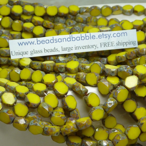 6mm Faceted Opaque Yellow Picasso Table Cut Firepolished Czech Glass Beads (BS659)