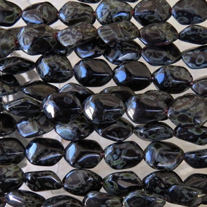 14x10mm Opaque Black Picasso Czech Glass Wavy Oval Beads - Qty 20 (MISC71)