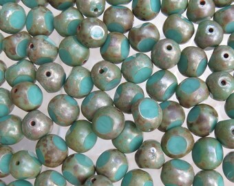 8mm 3 Cut Opaque Green Turquoise Picasso Firepolished Czech Glass Beads - Qty 25 (BS660)