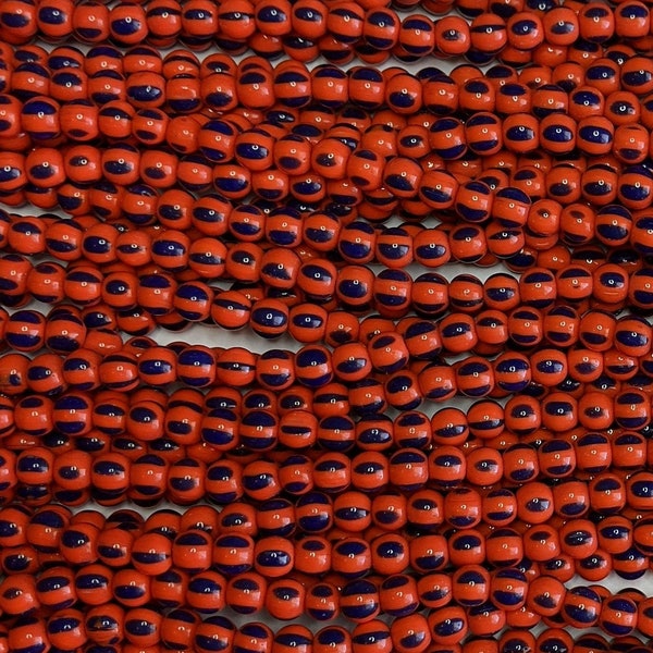 6mm Opaque Dark Orange Blue Striped Round Glass Beads - 16 Inch Strand (AW48)