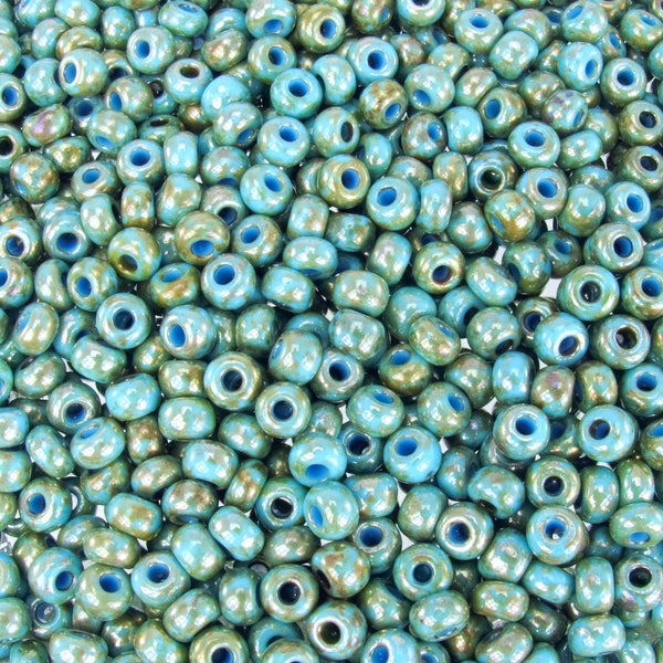 2/0 Opaque Light Blue Turquoise Silver Picasso Czech Glass Seed Beads 20 Grams (2CS107)