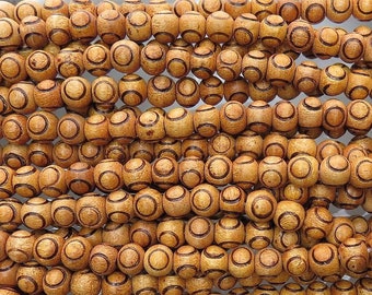 9mm Pecan Finish Hand Carved Round Wood Beads - 34 Inch Strand (AW16)