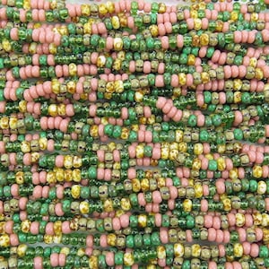 Opaque Dusty Rose & Green Turquoise Stripes Picasso Mix - Size 6/0 Czech Glass Seed Beads - 20 Inch Strand (BW60)
