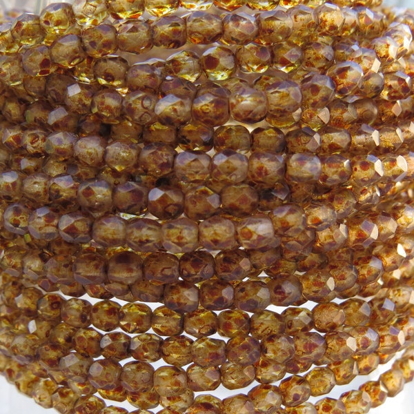 4mm Faceted Matte Golden Honey Picasso Firepolished Glass Beads - Qty 50 (DW5)