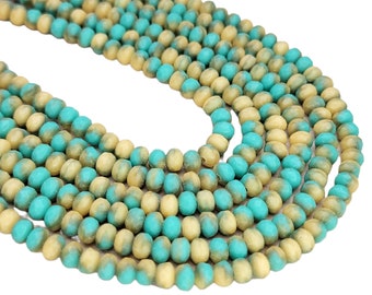 5x3mm Faceted 2 Tone Matte Opaque Turquoise & Beige Firepolish Czech Glass Rondel Beads - Qty 50 (FP90)