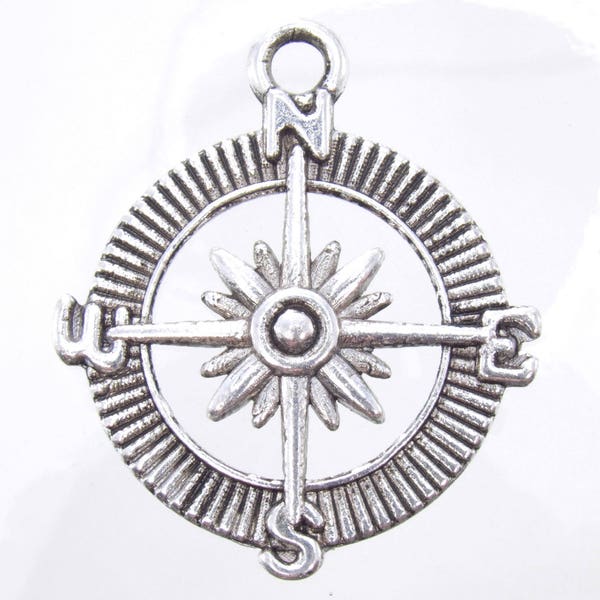 29x25mm Antique Silver Alloy Metal Compass Charm/Pendant - Qty 4 (MB314)