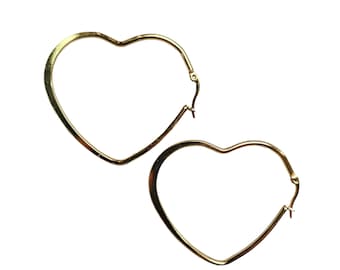 60mm Stainless Steel Gold Finish Hypoallergenic Heart Hoop Ear Wires - Qty 1 (FIND33)