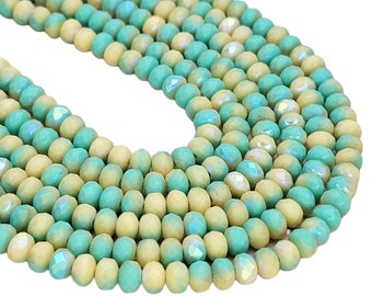 5x3mm Faceted 2 Tone Matte Opaque Turquoise & Beige AB Firepolish Czech Glass Rondel Beads - Qty 50 (FP89)