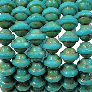 9mm Faceted Turquoise Picasso Czech Firepolished Saturn Glass Beads - Qty 10 (MISC96)