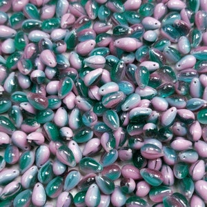 9x6mm 2 Tone Opaque Light Purple & Transparent Teal Green Czech Glass Teardrop Beads - Qty 40 (SFDRP26)