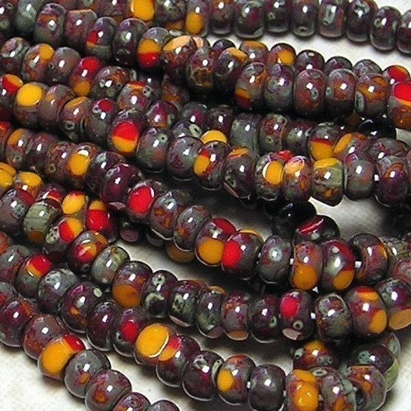 6/0 3 Cut Opaque 2 Tone Tangerine and Red Picasso Firepolished Czech Glass Seed Bead Strand (C150)