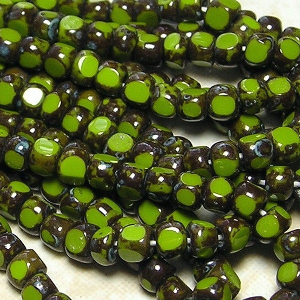 6/0 3 Cut Opaque Jade Picasso Firepolished Czech Glass Seed Bead Strand