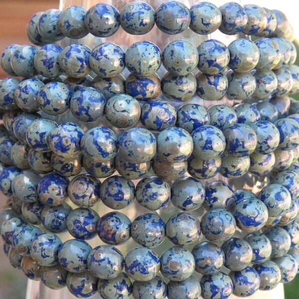 6mm Opaque Denim Blue Silver Picasso Czech Glass Round Beads - Qty 30 (AW28)
