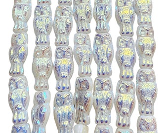 15x7mm White Opal AB Czech Glass Owl Beads - Qty 10 (HG03)