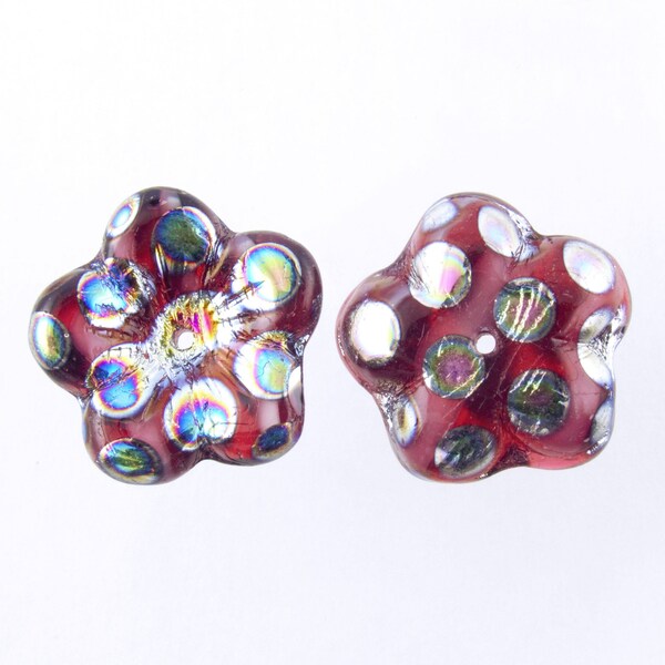 16mm 2 Tone Cranberry Swirl Vitrail Peacock Czech Glass Flower Cup Beads - Qty 10 (BS193) SE