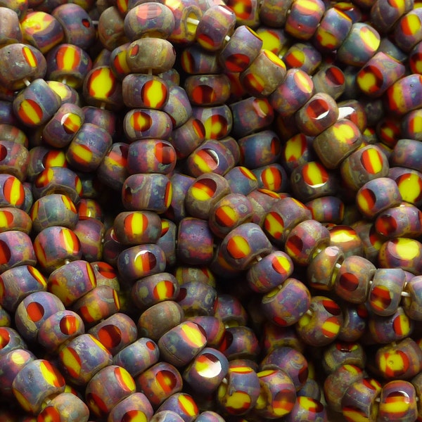 GORGEOUS 2/0 (6x4mm) 3 Cut Opaque 2 Tone Yellow and Red Picasso Firepolished Czech Glass Seed Bead Strand (C158)