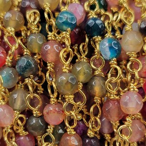 4mm Faceted Natural Mixed Agate Round Gemstones on Handmade Brass Metal Chain - Sold by the Foot - (GG12)