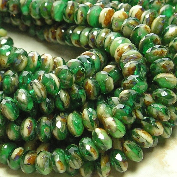 GORGEOUS 7x4mm Faceted 2 Tone Jade Agate Swirl Picasso Firepolished Thru Cut Czech Glass Rondell Beads (D118)