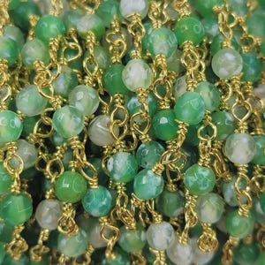 4mm Faceted Natural Green Agate Round Gemstones on Handmade Brass Metal Chain - Sold by the Foot - (GG13)