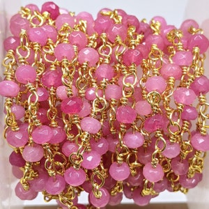 Pink 4x3mm faceted Jade Gemstones on Handmade Brass Metal Chain - Sold by the Foot - (GG05)
