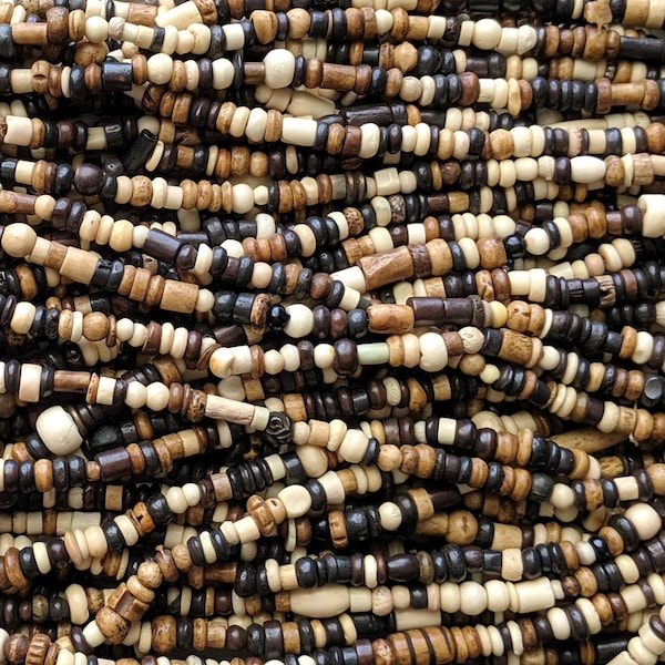 Hand Carved Small Assortment Mix #1 - Size 1mm to 6mm Water Buffalo Bone Beads - 36 Inch Stand (AW13)