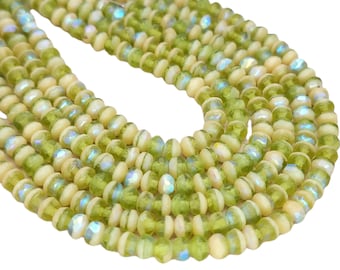 5x3mm Faceted 2 Tone Matte Olive & Beige AB Firepolish Czech Glass Rondel Beads - Qty 50 (FP95)