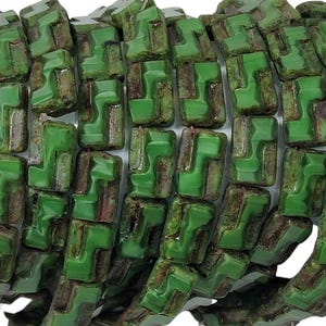 12x8mm Opaline Dark Green Picasso Table Cut Czech Glass 2 Hole Rectangle Beads - Qty 15 (MISC102)