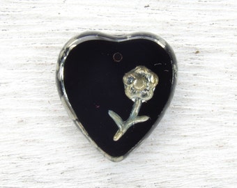 17x16mm Opaque Black Picasso Edged Table Cut Czech Glass Heart Pendant/Focal Beads - Qty 2 (ES54)