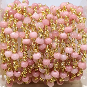 Baby Pink 4x3mm faceted Jade Gemstones on Handmade Brass Metal Chain - Sold by the Foot - (GG04)