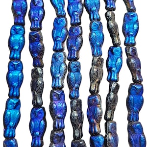 15x7mm Opaque Black Metallic Blue Czech Glass Owl Beads - Qty 10 (HG10)